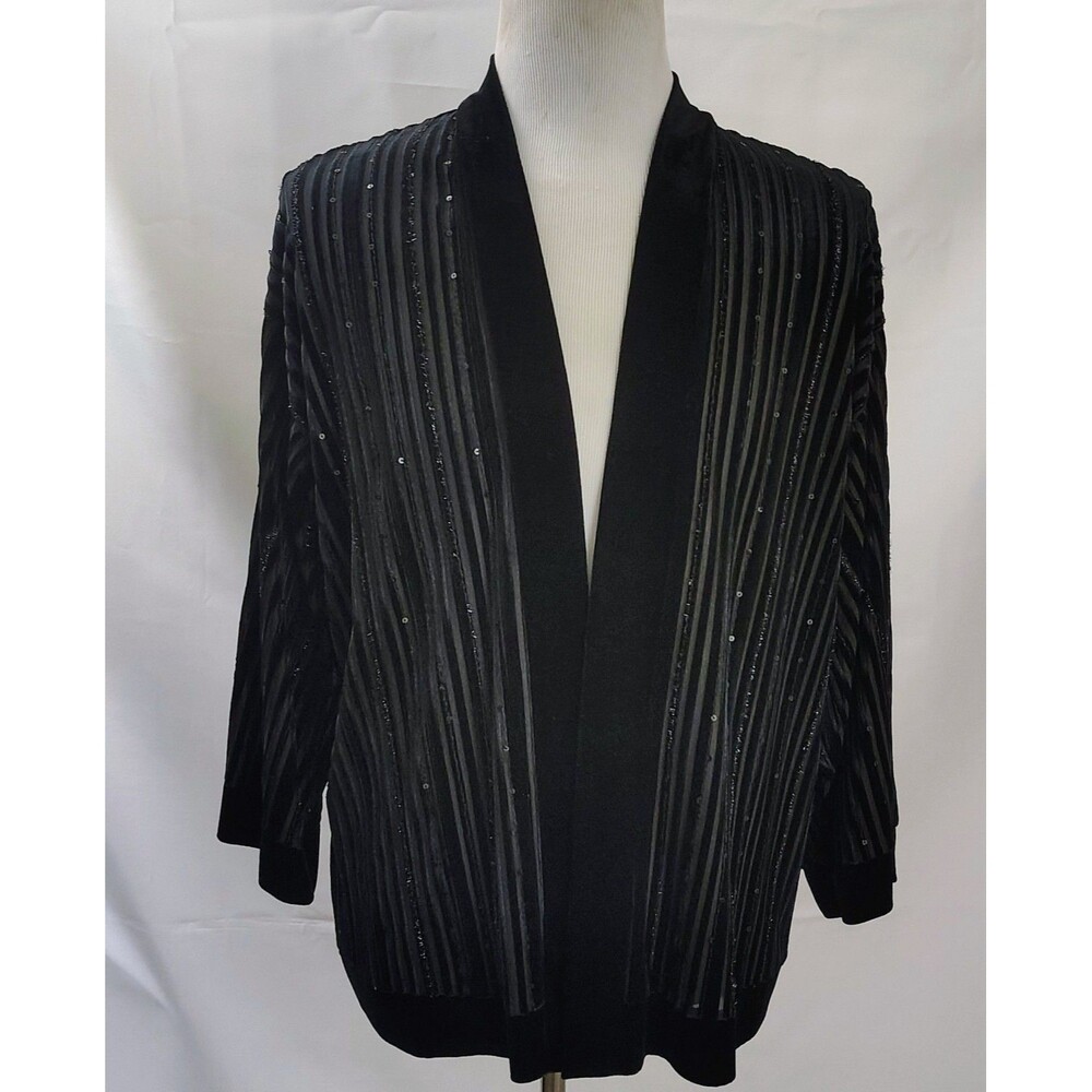 BIRCH HILL VTG Gothic Women Black Sequins Open Front Velour Jacket Size L NWT